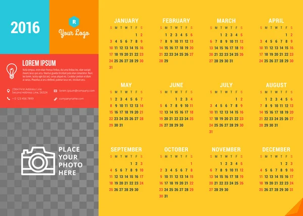 Vector Design Template. Calendar 2016. Week Starts Sunday — Stock vektor