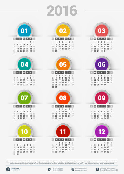 Vector Design Template. Calendar 2016. Week Starts Sunday