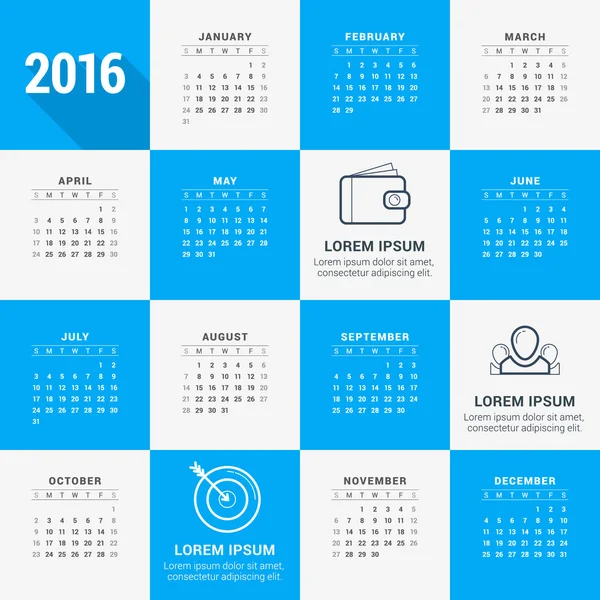 Vektor-Design-Vorlage. Kalender 2016: Woche beginnt am Sonntag — Stockvektor