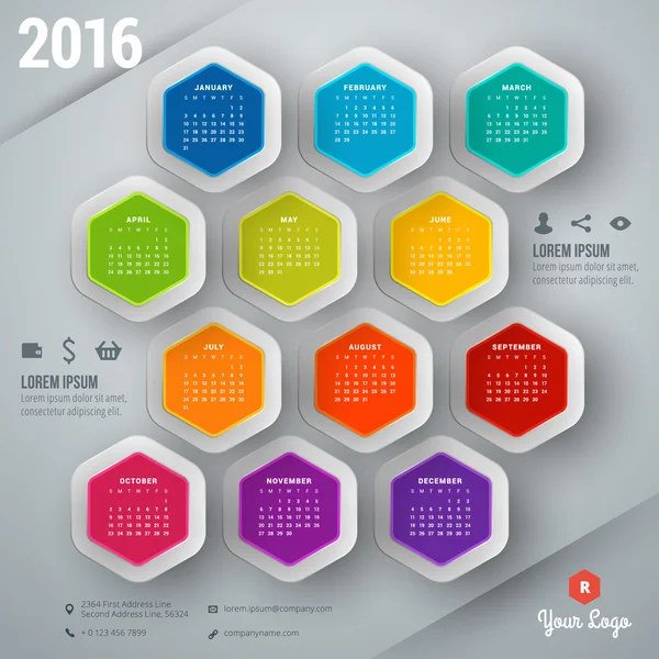 Modello di design vettoriale. Calendario 2016. Settimana Inizia Domenica — Vettoriale Stock