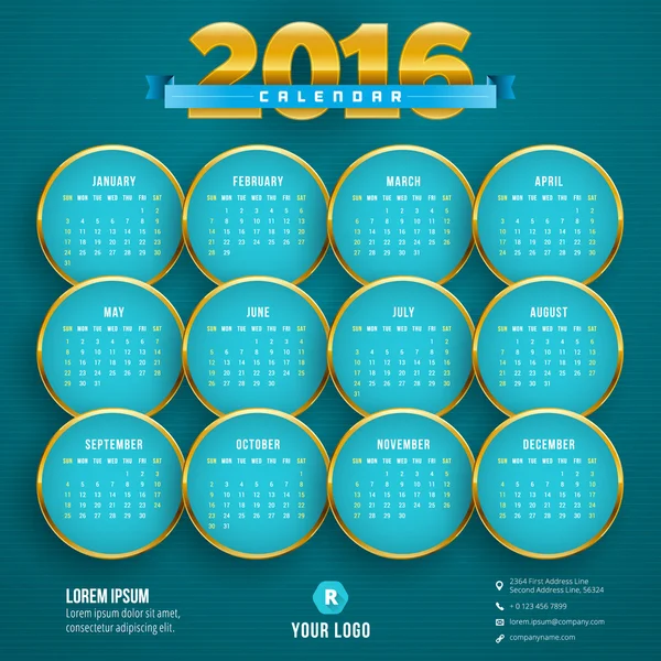 Vector Design Template. Calendar 2016. Week Starts Sunday — Stockvector