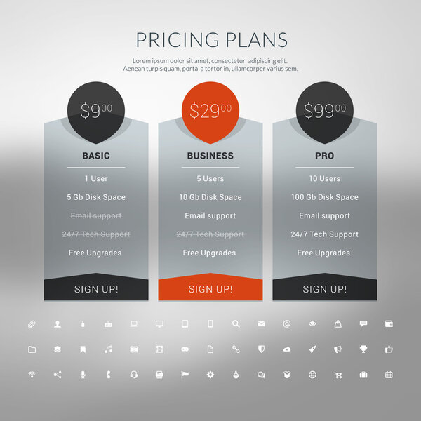 Таблица векторных цен в плоском стиле дизайна для веб-сайтов и приложений
