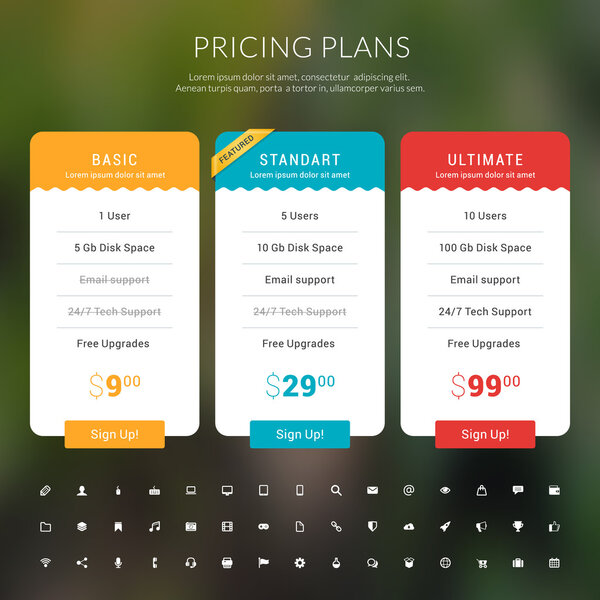 Таблица векторных цен в плоском стиле дизайна для веб-сайтов и приложений
