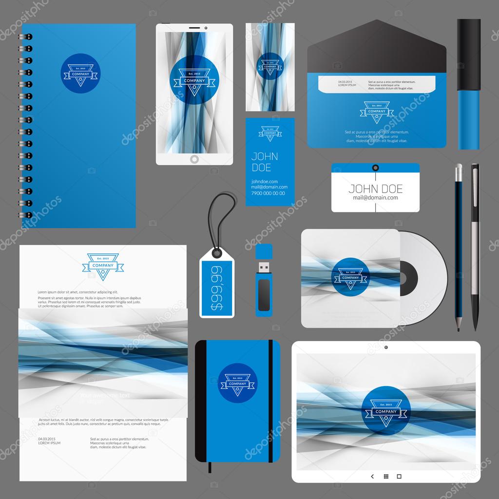 Blue Vector Corporate Identity Template Design with Logotype and Wave Background