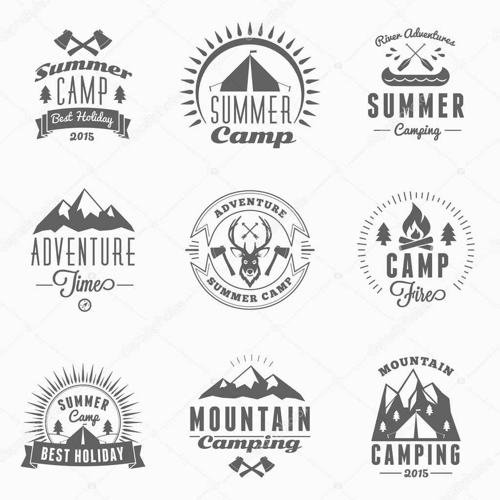 Set of Retro Vintage Summer Camping Badges. Mountine Adventures and Outdoor Activities