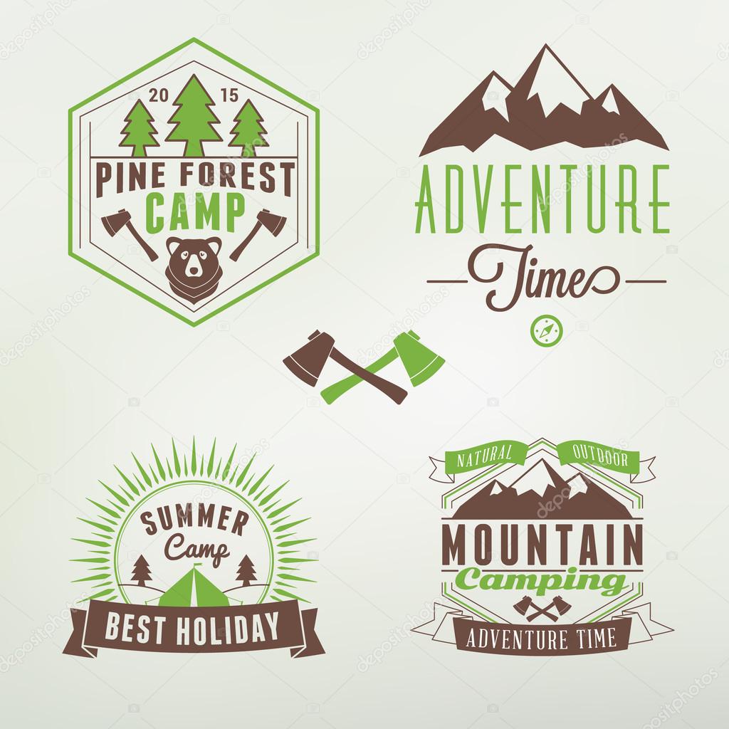 Set of Retro Vintage Summer Camping Badges. Mountine Adventures and Outdoor Activities