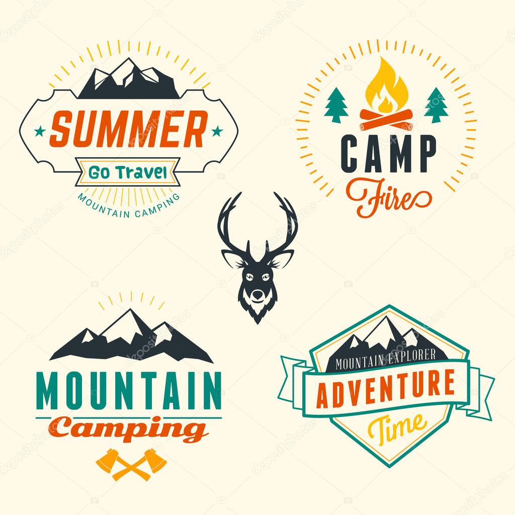 Set of Retro Vintage Summer Camping Badges. Mountine Adventures and Outdoor Activities