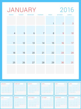 Calendar 2016. Vector Flat Design Template. Set of 12 Months. Week Starts Monday