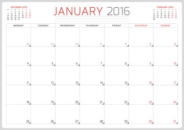 Calendar Planner 2016. Vector Design Template. January. Week Starts Monday