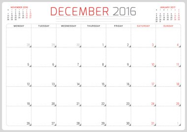 Calendar Planner 2016. Vector Design Template. December. Week Starts Monday