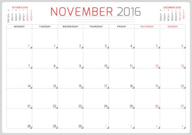 Calendar Planner 2016. Vector Design Template. November. Week Starts Monday