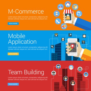 Düz tasarım konsepti. Vektör çizimleri Web Bannerlar için ayarlayın. M-ticaret, mobil uygulama, ekip oluşturma