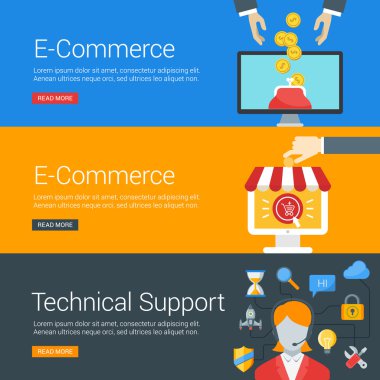 Düz tasarım konsepti. Vektör çizimleri Web Bannerlar için ayarlayın. E-ticaret, teknik destek