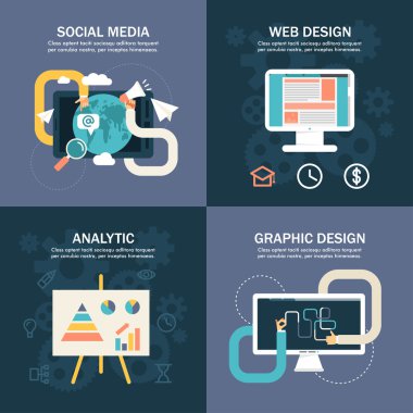 Düz vektör iş çizimler kümesi. Sosyal medya, Web Tasarım, analitik, grafik tasarım