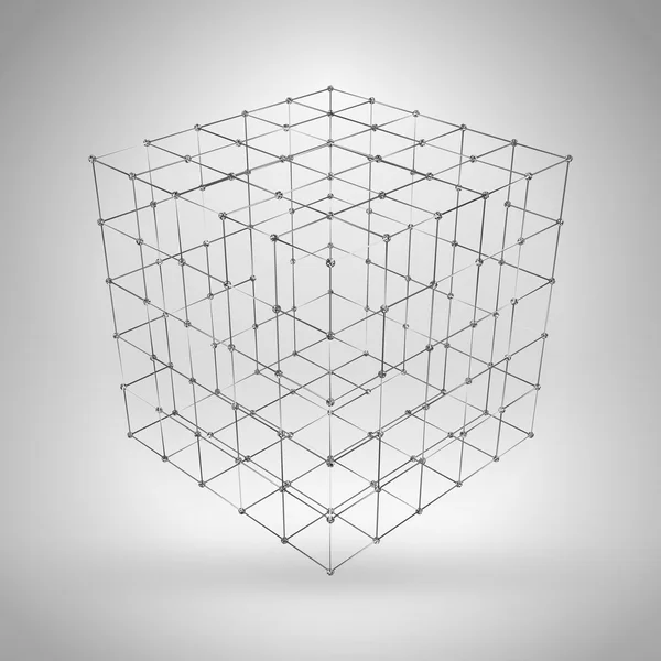 Wireframe polygonal element. 3D cube with lines and dots — Stock Vector
