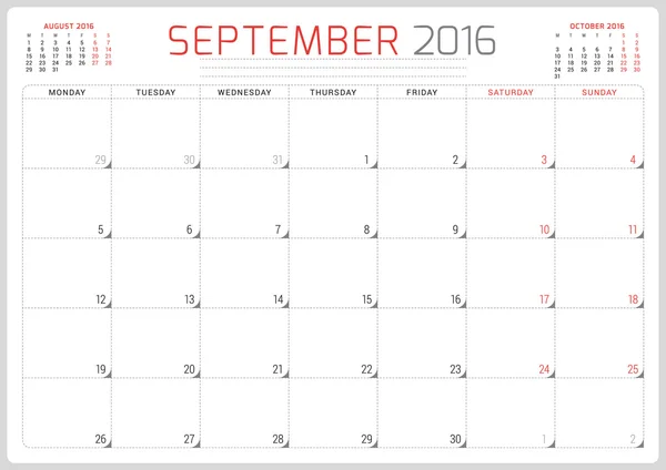 Calendar Planner 2016. Vector Design Template. September. Week Starts Monday — Stockový vektor