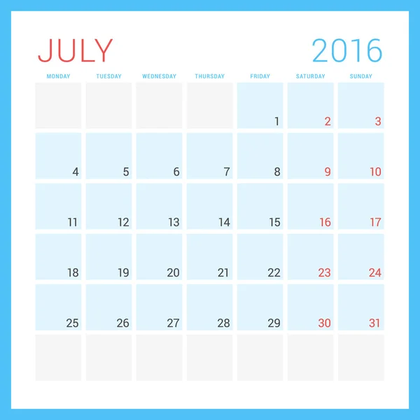 Calendar 2016. Vector Flat Design Template. July. Week Starts Monday — ストックベクタ