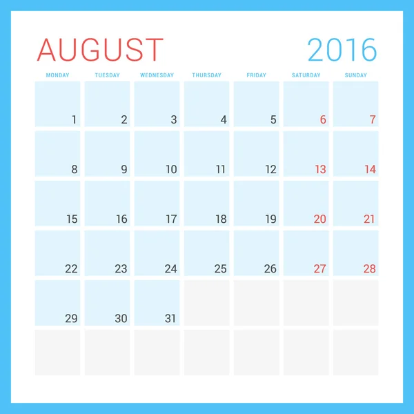 Calendário 2016. Modelo de projeto plano vetorial. Agosto. Semana começa segunda-feira — Vetor de Stock