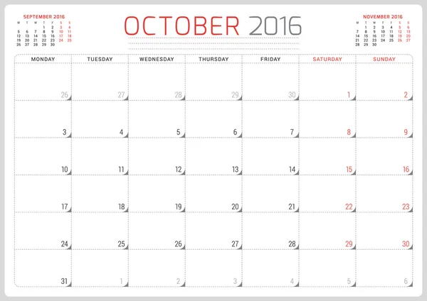 Calendar Planner 2016. Vector Design Template. October. Week Starts Monday — Stockový vektor