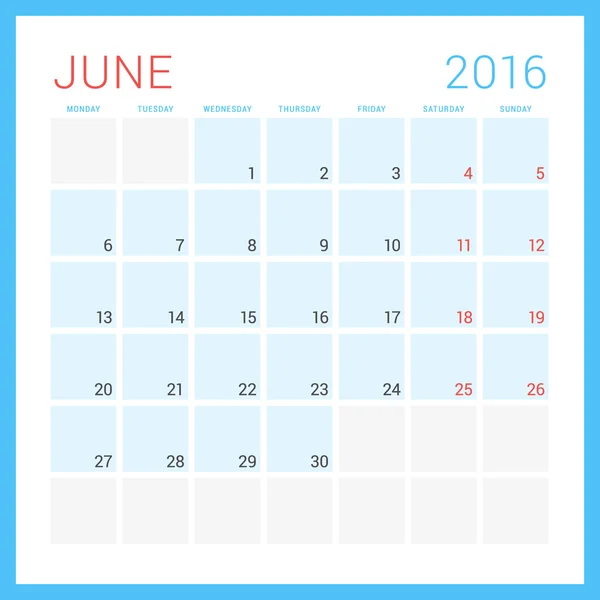 Календарь 2016. Шаблон векторной плоской конструкции. Джун. Начало недели понедельник — стоковый вектор