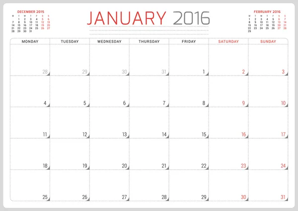 Calendar Planner 2016. Vector Design Template. January. Week Starts Monday — Stockový vektor