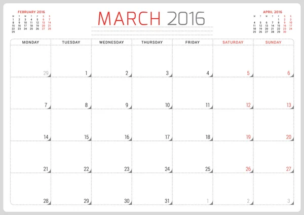 Calendar Planner 2016. Vector Design Template. March. Week Starts Monday — Stockový vektor