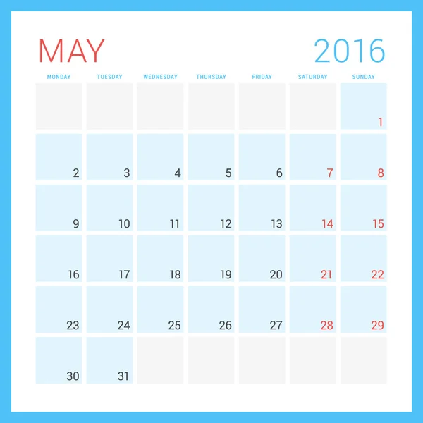 Calendar 2016. Vector Flat Design Template. May. Week Starts Monday — Stockový vektor