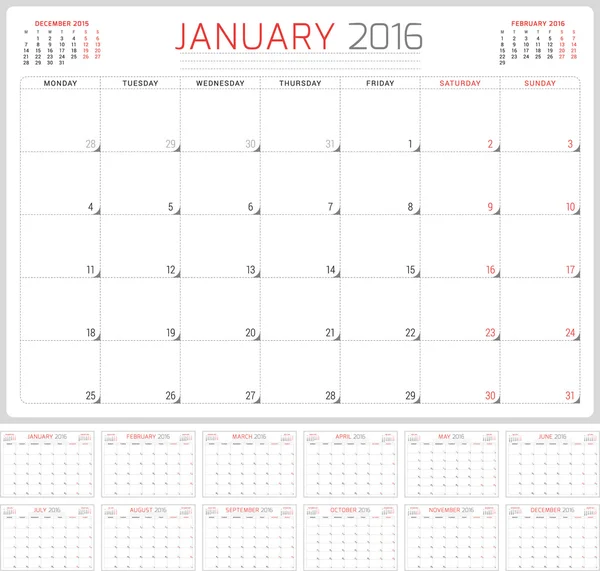 Pianificatore calendario 2016. Modello di design vettoriale. Set di 12 mesi. La settimana inizia lunedì — Vettoriale Stock