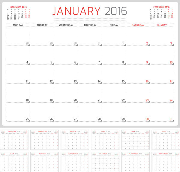 Calendar Planner 2016. Vector Design Template. Set of 12 Months. Week Starts Monday