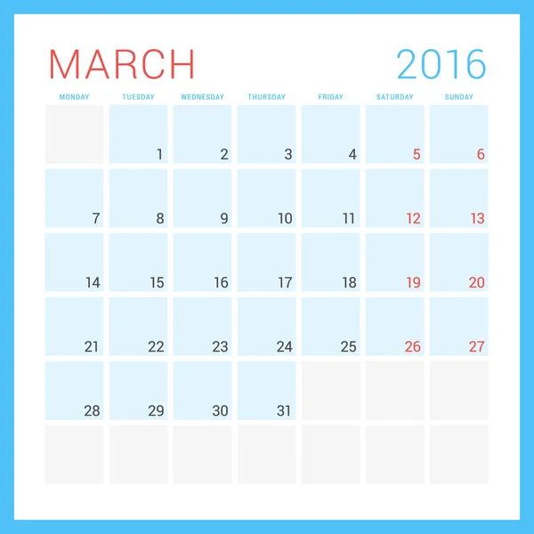 Calendario 2016. Plantilla de diseño plano vectorial. Marzo. Semana comienza el lunes — Vector de stock