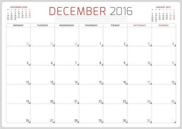 Calendar Planner 2016. Vector Design Template. December. Week Starts Monday — Stock Vector