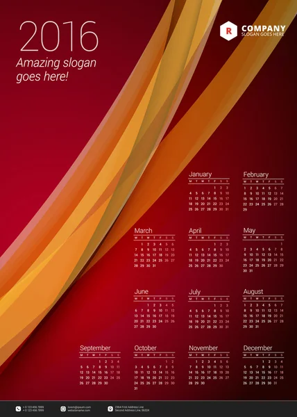 Kalendarz 2016 wektor wzór szablonu. Tydzień zaczyna się od poniedziałku — Wektor stockowy