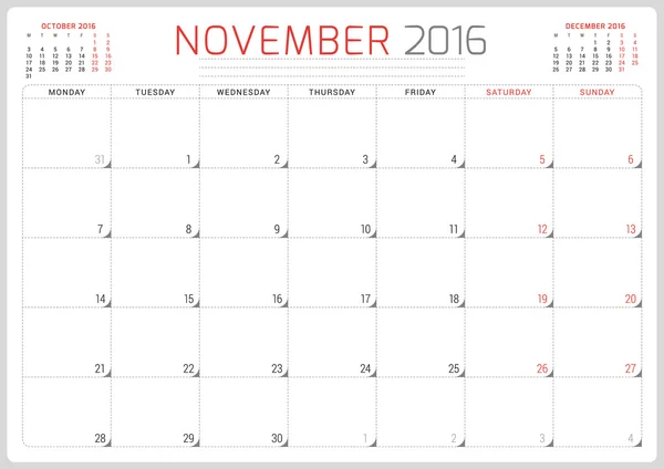 Agenda Planificateur 2016. Modèle de conception vectorielle. Novembre. La semaine commence lundi — Image vectorielle