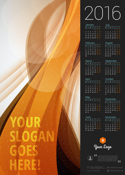 Calendar 2016 Vector Design Template. Week Starts Monday