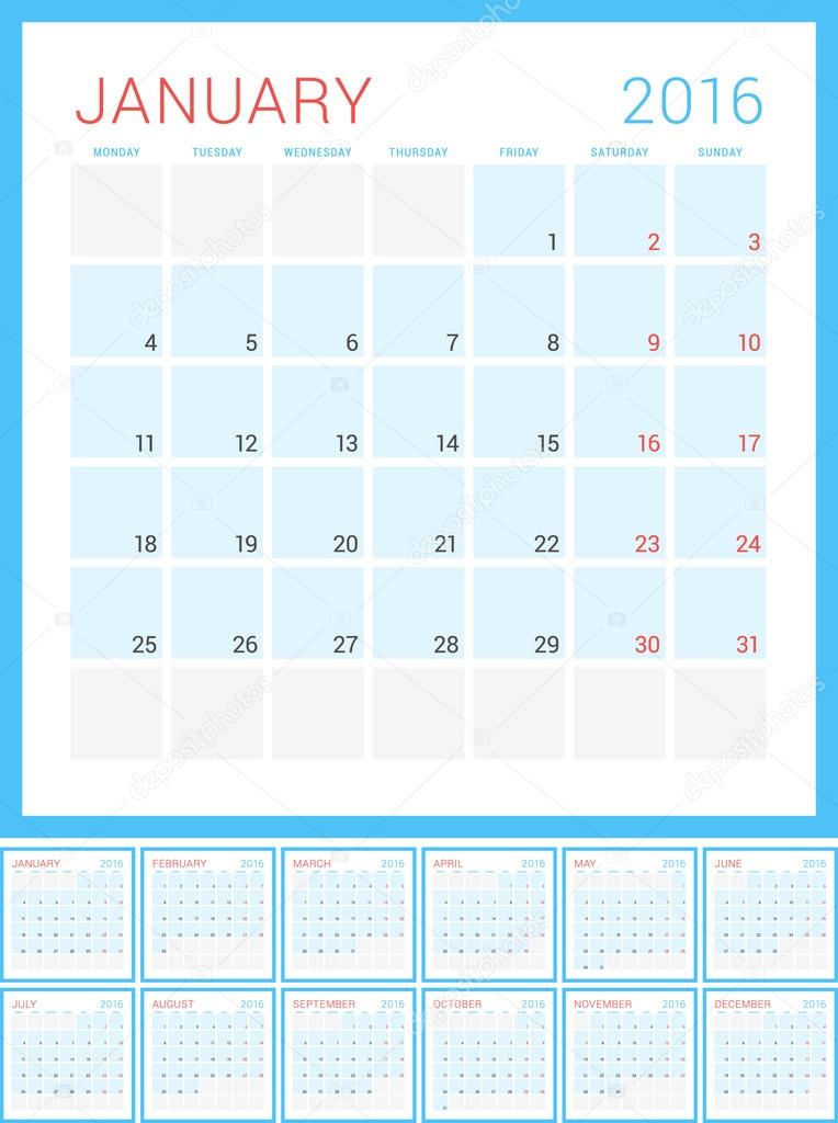 Calendar 2016. Vector Flat Design Template. Set of 12 Months. Week Starts Monday