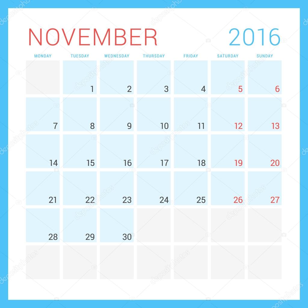 Calendar 2016. Vector Flat Design Template. November. Week Starts Monday