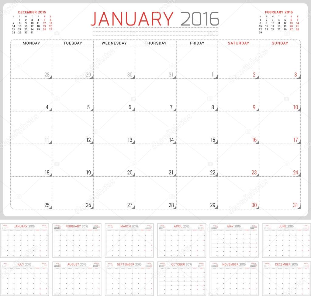 Calendar Planner 2016. Vector Design Template. Set of 12 Months. Week Starts Monday