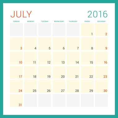 Calendar 2016. Vector Flat Design Template. July. Week Starts Sunday