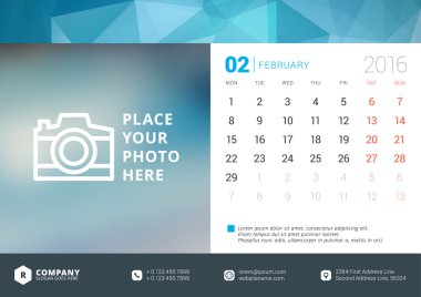 Desk Calendar 2016 Vector Design Template. Week Starts Monday