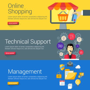 Düz tasarım konsepti. Vektör çizimleri Web Bannerlar için ayarlayın. Online alışveriş, teknik destek, yönetim