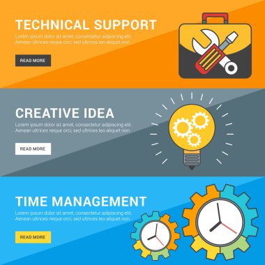Düz tasarım konsepti. Vektör çizimleri Web Bannerlar için ayarlayın. Teknik destek, yaratıcı fikir, zaman yönetimi