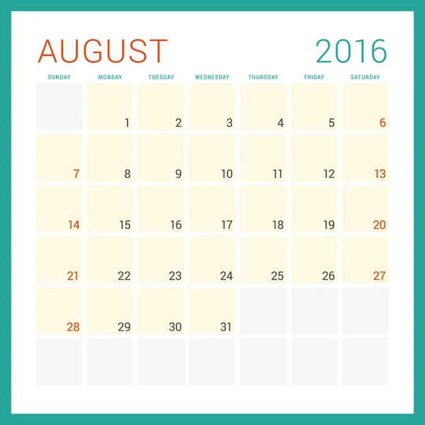 Calendar 2016. Vector Flat Design Template. August. Week Starts Sunday — Stock vektor