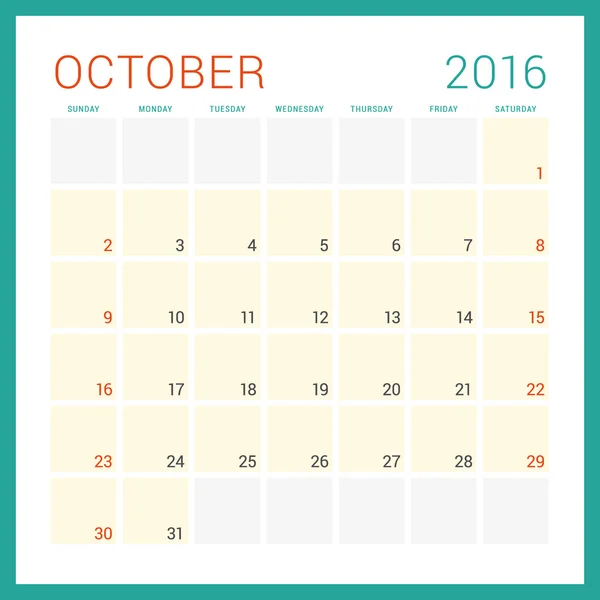 Kalender 2016. Vektor flache Design-Vorlage. Oktober. Woche beginnt am Sonntag — Stockvektor