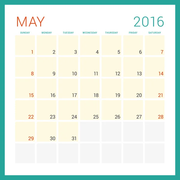 Calendario 2016. Plantilla de diseño plano vectorial. Mayo. Semana comienza el domingo — Vector de stock