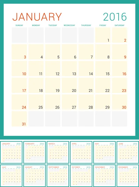 Calendario 2016. Plantilla de diseño plano vectorial. Conjunto de 12 meses. Semana comienza el domingo — Vector de stock