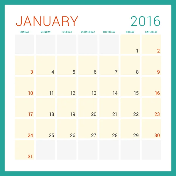 Calendar 2016. Vector Flat Design Template. January. Week Starts Sunday — Wektor stockowy