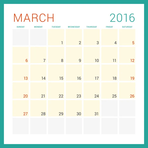 Calendar 2016. Vector Flat Design Template. March. Week Starts Sunday — Stockový vektor