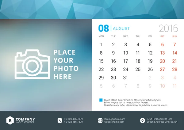 Desk Calendar 2016 Vector Design Template. Week Starts Monday — Stock Vector