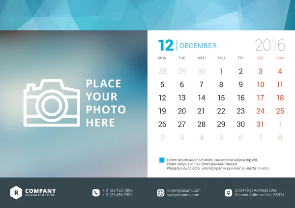 Desk Calendar 2016 Vector Design Template. Week Starts Monday — Stock Vector