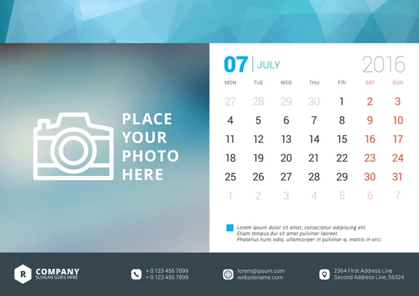 Desk Calendar 2016 Vector Design Template. Week Starts Monday — Stock Vector